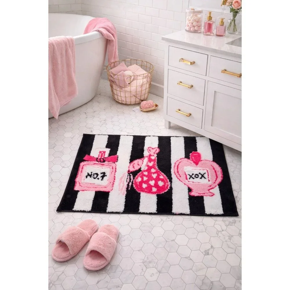 New Betsey Johnson Pink Black Perfume Soft Bathroom Bath Mat Rug Rubber Back